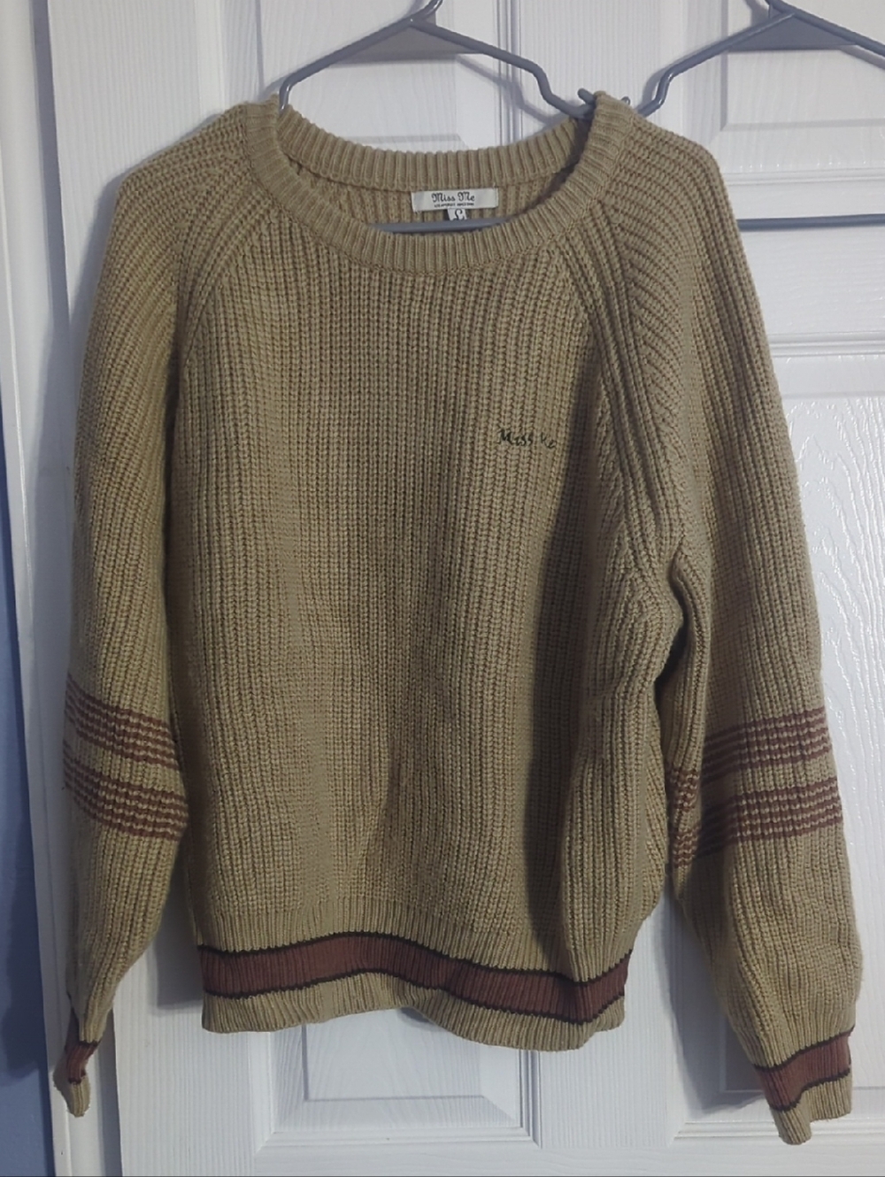 Miss Me Women's Tan Crewneck Sweater with Brown Stripe Trim